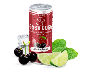 Can of Good Dogg Black Cherry Hard Seltzer surrounded by black cherries, limes, mint, and ice cubes.