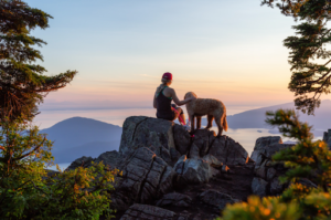 Woman and her dog sitting on a rock in the forest overlooking mountains during sunset.